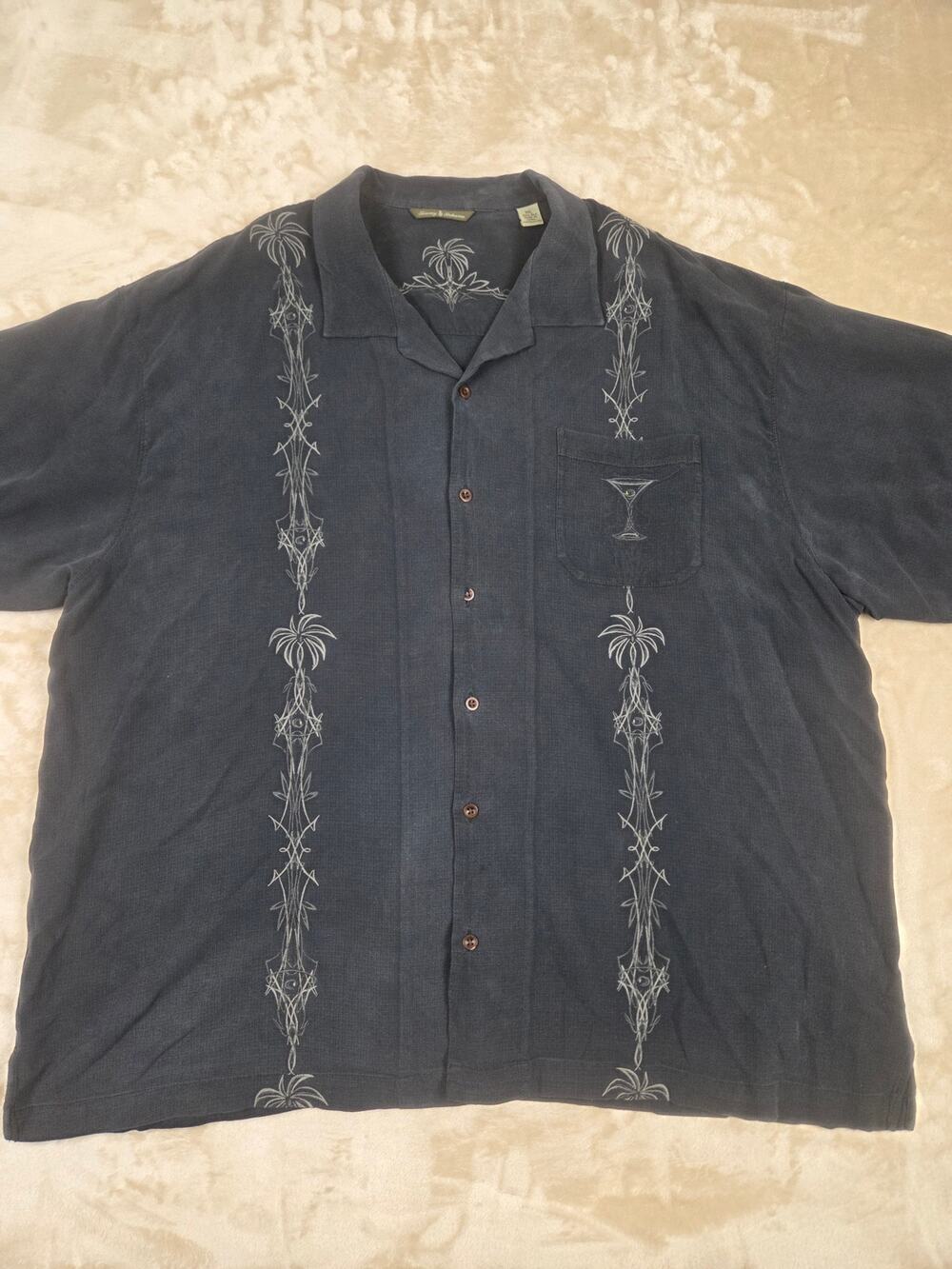 Tommy Bahama XXL Black 100% Silk Embroidered Martini Camp Shirt